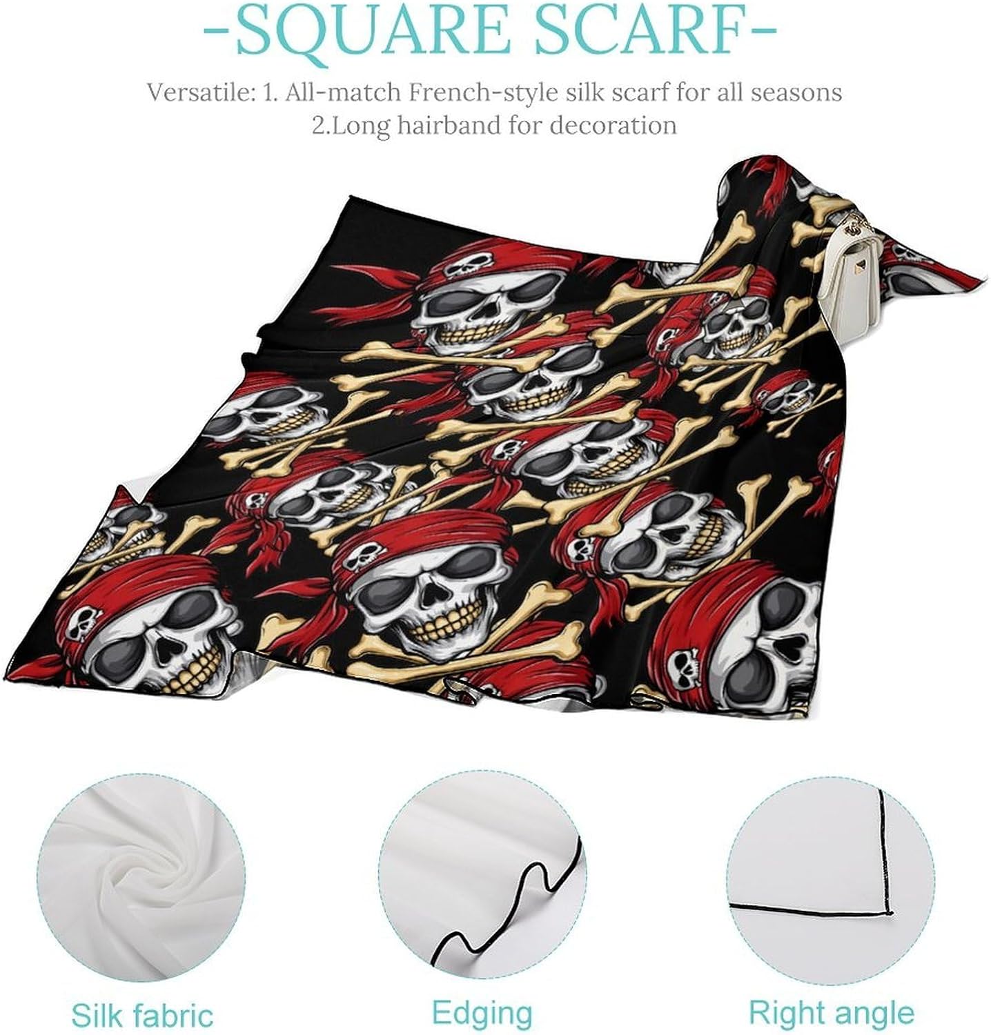 Jolly Roger Skull Bandana Fashion Head Scarf Square Silk Scarf Print Neck Hair Scarfs for Women Men Gifts