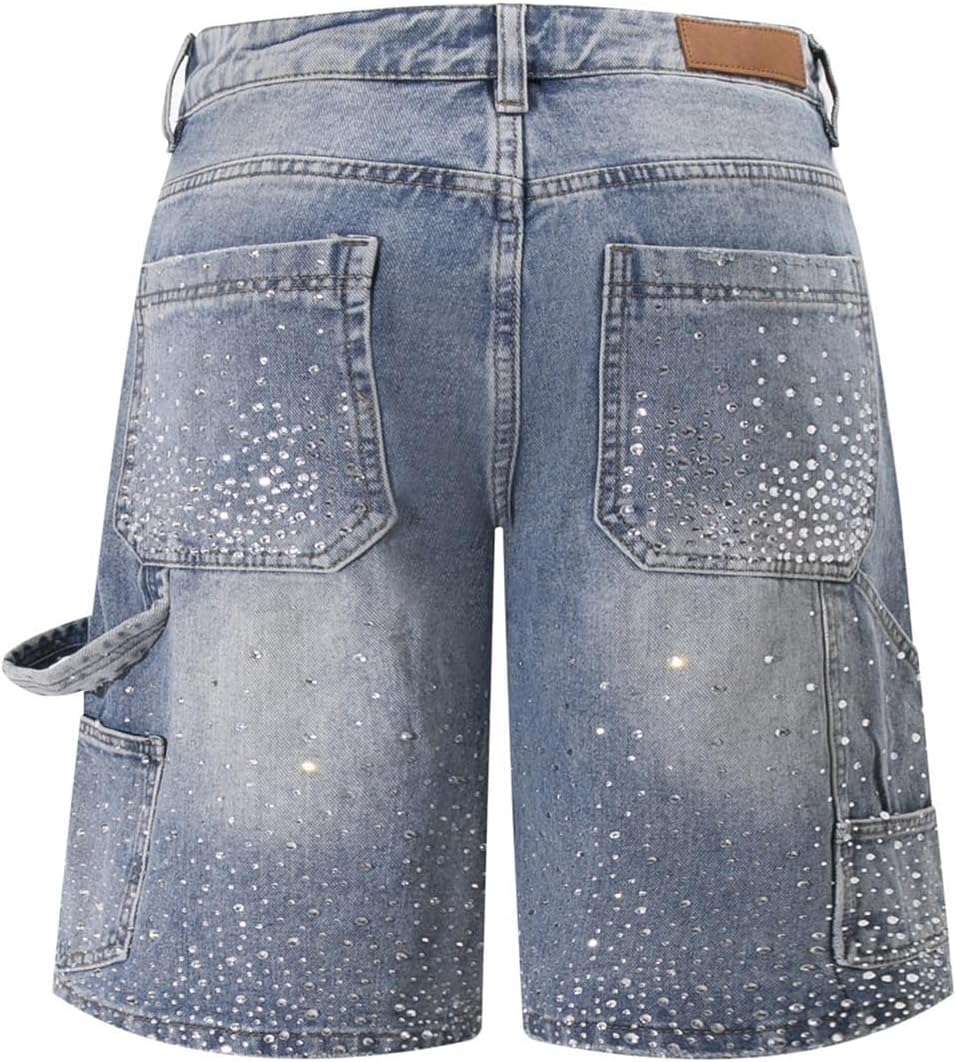 Oplxuo Rhinestone Jean Shorts for Men Straight Leg Summer Versatile Knee Length Casual Ripped Denim Shorts with Pockets
