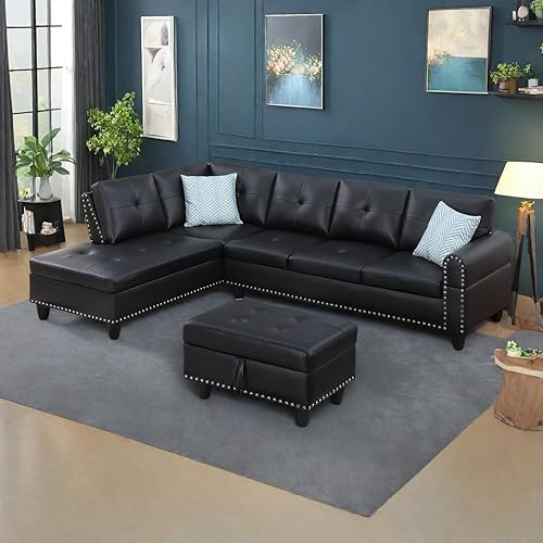 Sectional Couches for Living Room L Shaped Couch 3-Piece Sectional Sofa Set 98" Storage Ottoman and 2 Toss Pillows for Living Room and Small Apartment, Classic Black