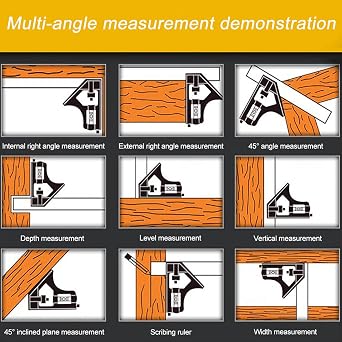Combination Square 12 Inch, Stainless Steel Inch/Metric Measuring Ruler, Adjustable Sliding Protractor Level Measure Measuring Set 4-Piece 4R Combination Square, Measuring Tool for Wood Working
