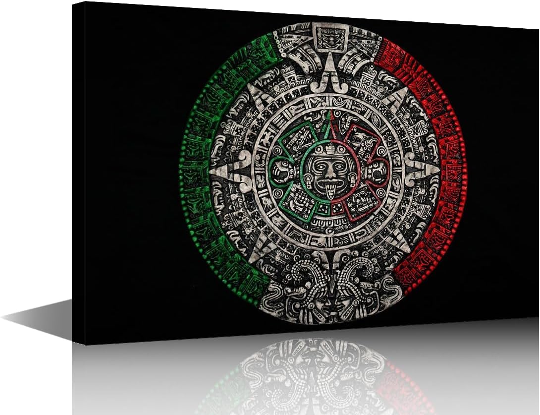 TUMOVO Wall Art for Living Room Large Size Aztec Calendar Office Wall Decor Mexico Canvas Prints 1 Panel Vintage Mayan Civilization Modern Artwork for Bedroom Bathroom Framed Ready to Hang, 36x24in