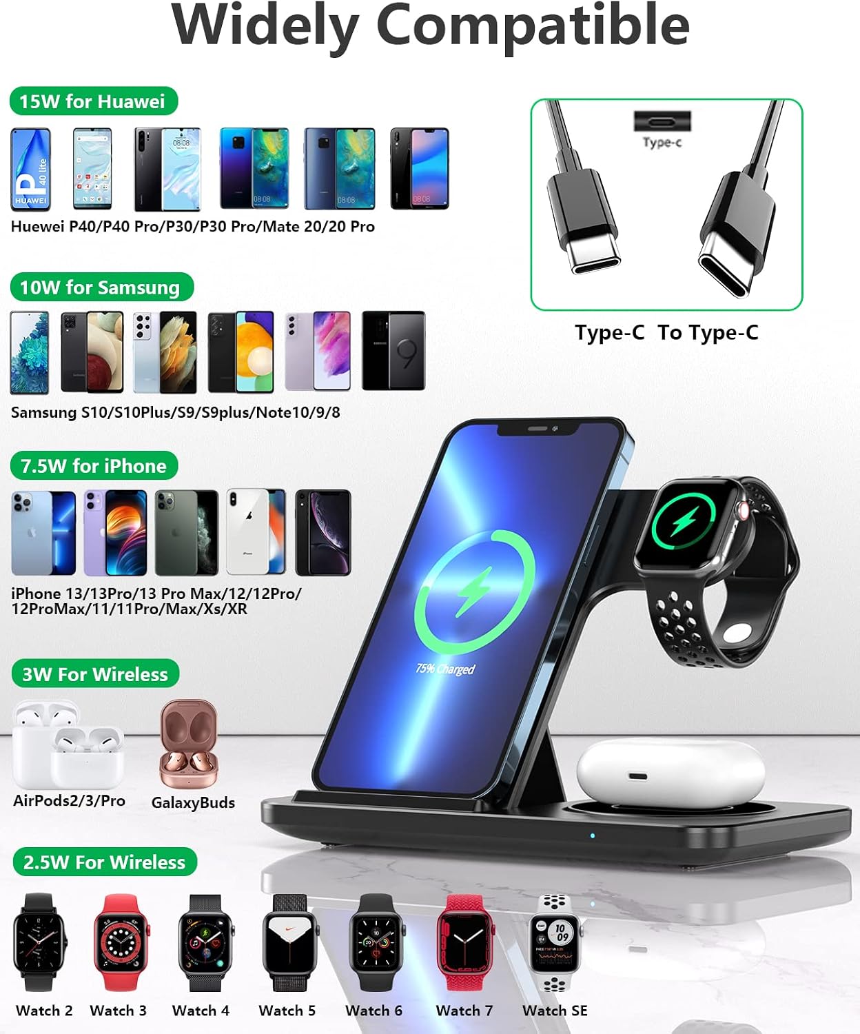 3 in 1 Foldable Wireless Charging Station, Fast Wireless Charger Stand Compatible with iPhone 14/13/12/11Pro/Max/XR/XS Max/X, Apple Watch 7/6/SE/5/4/3/2, AirPods 2/Pro with Adapter