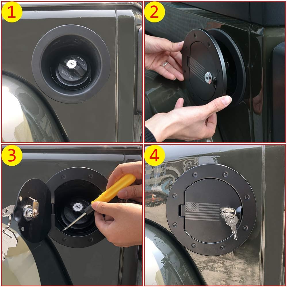 JK Gas Cap Cover For Jeep, Locking Fuel Filler Door Gas Tank Cover for 2007-2018 Jeep Wrangler JK JKU Accessories, Compatible with 5th Wheel Toy Hauler Gas Caps, Aluminum, USA FLAG, 1 Pack