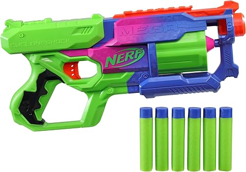 NERF Mega CycloneShock - Pistola de juguete, estilo de color Cybershock, tambor de 6 dardos, 6 dardos AccuStrike, fácil cebado (exclusivo de Tienda)