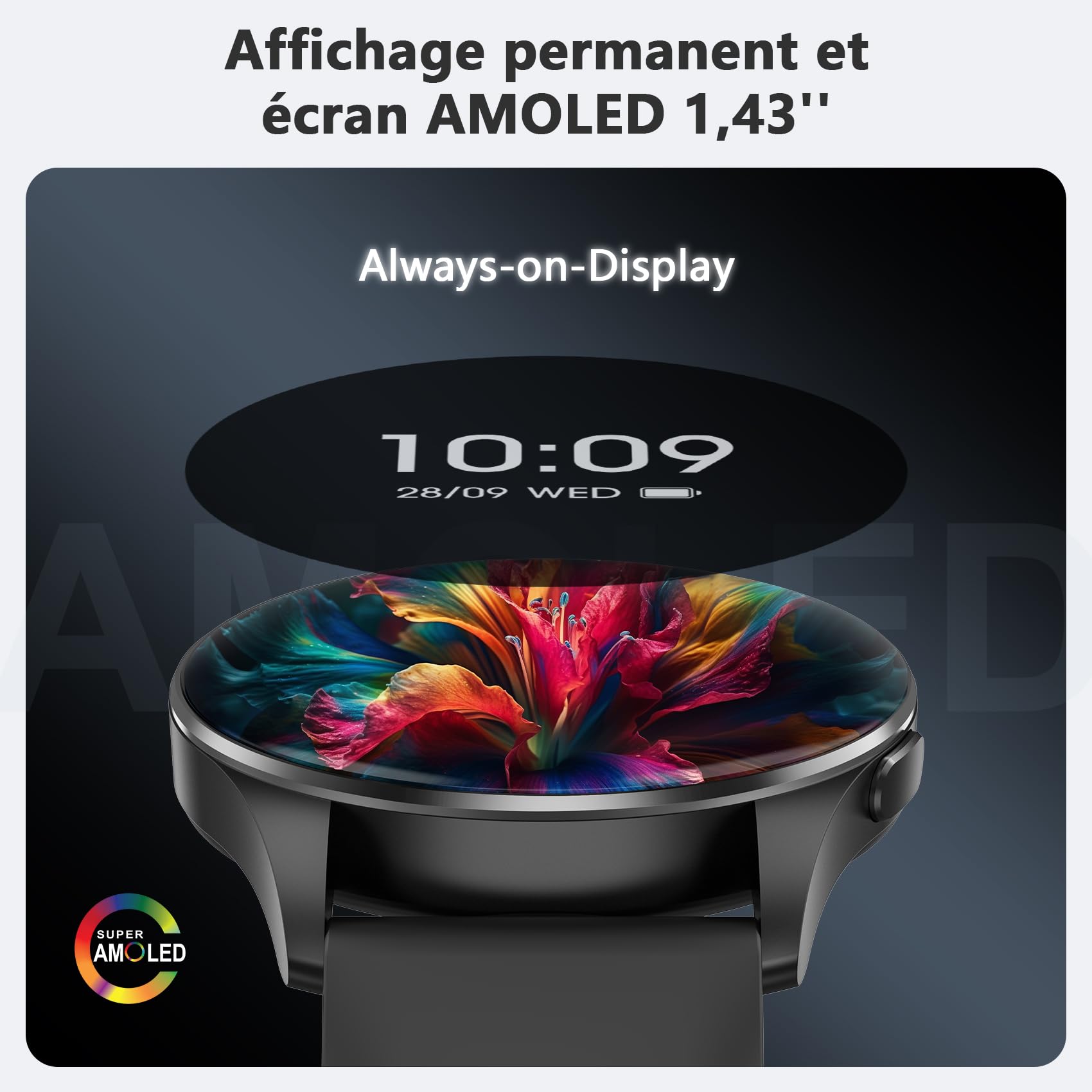 Blackview Montre Connectée Smartwatch Hommes Femmes - Écran AMOLED 1.43", Appels Téléphoniques Directs, Moniteur Fréquence Cardiaque 24/7 et Sommeil, Compatible Android iOS, Montre Sport Étanche IP68