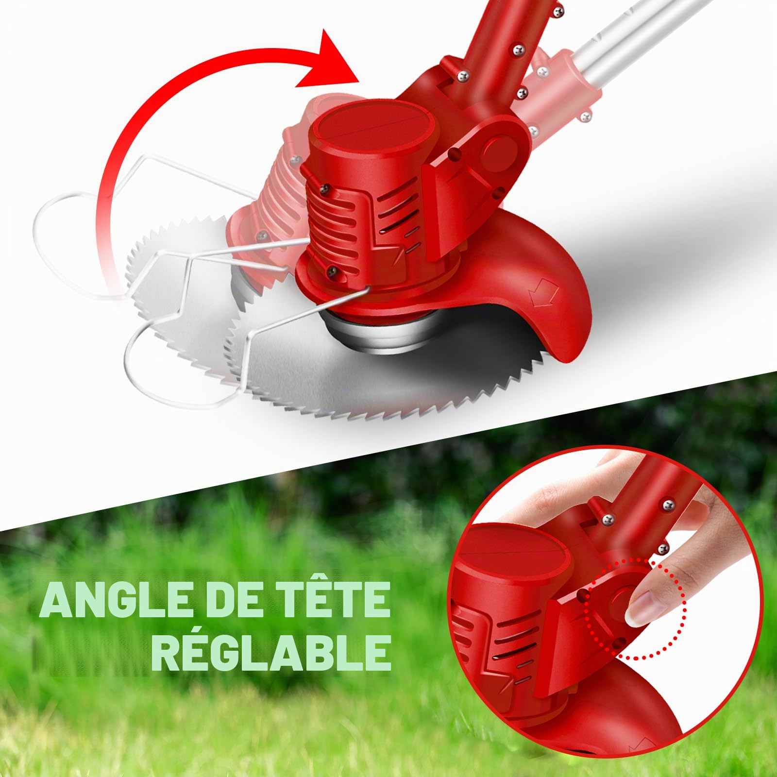 Coupe-Herbe sans Fil avec Batterie et Lames en métal Coupe-Herbe électrique Puissant Coupe-Herbe de Jardin Coupe-Bordures Coupe-Mauvaises Herbes Coupe-Gazon Set de Coupe-Gazon 2 Batteries Rouge