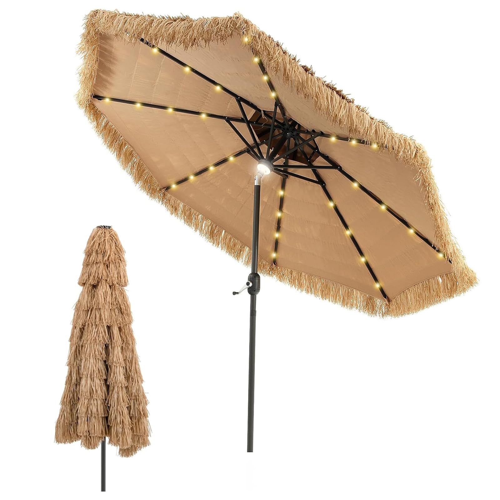 GOPLUS Sonnenschirm Hawaii, Ø 270 cm Strohschirm um 30° knickbar, Strandschirm mit LED-Solar-Beleuchtung, Sonnenschirm Stroh mit Doppeldach & Kurbel, Gartenschirm klappbar für Strand, Balkon & Garten