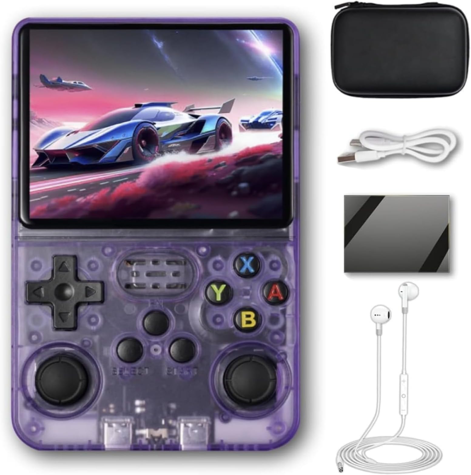 R36S Handheld Game Console 3.5 inch Preinstalled Emulator System Transparent Purple 32GB+64GB