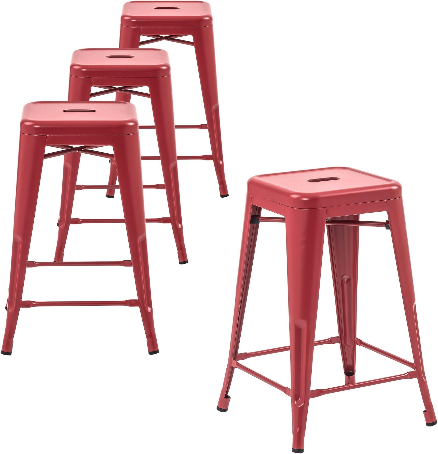 Counter High Metal Bar Stools, Indoor/Outdoor, Stackable, 24" H, Matte Red, Set of 4