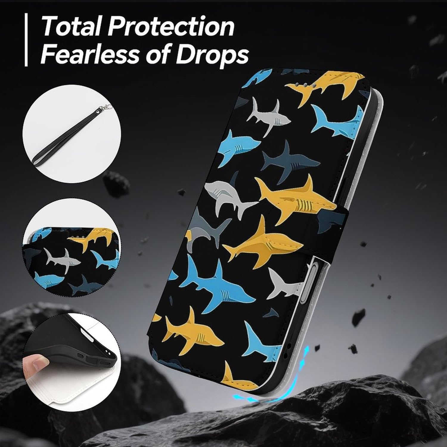 Colorful Sharks Compatible with iPhone 16/16 Plus/16 Pro/16 Pro Max/16 E Case Phone Wallet Card Holder Flip Cover with Wrist Strap