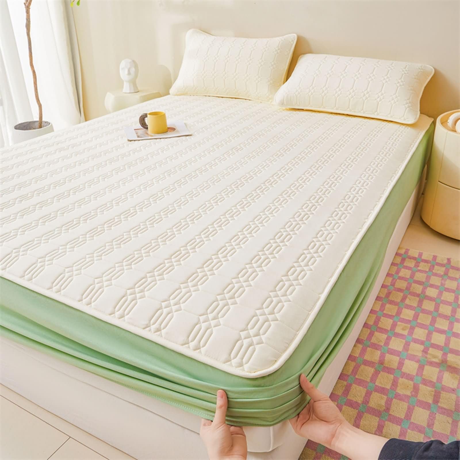 Sábana Bajera 200x220cm con 2 Fundas de Almohada 48x74cm - hasta 30cm - Beige Blanco Verde - Algodón - Sabanas Matrimonio Color Sólido
