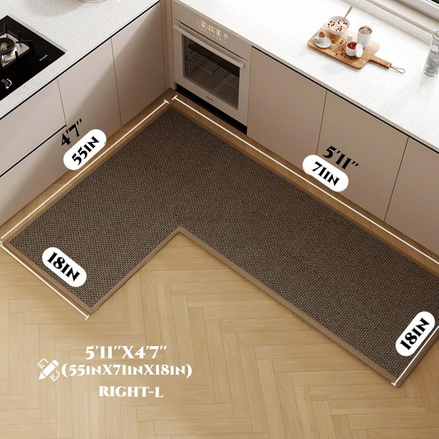 l shape kitchen mat, anti-slip corner kitchen mats for floor, 1 piece l shape rug, absorbent runner in front of sink, washable floor rugs for home,kitchen,office(black/brown right-l,5'11" x 4'7") 4'7" x 5'11" (l-shaped) black/brown right-l
