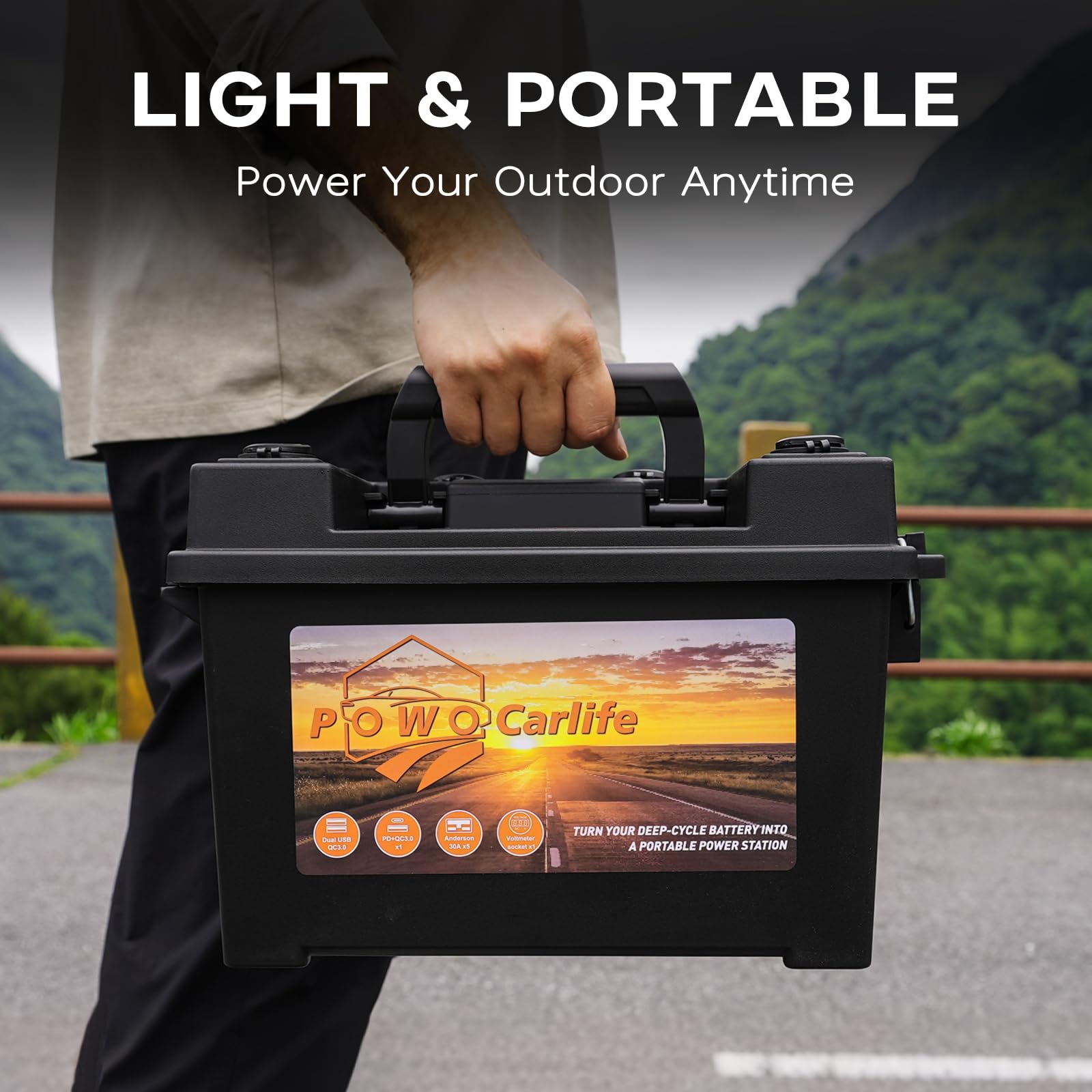 Caja de batería inteligente portátil con motor de arrastre de 12 V – con puerto QC3.0/PD tipo C/enchufe Anderson/voltímetro digital, centro de energía para RV panel solar barco