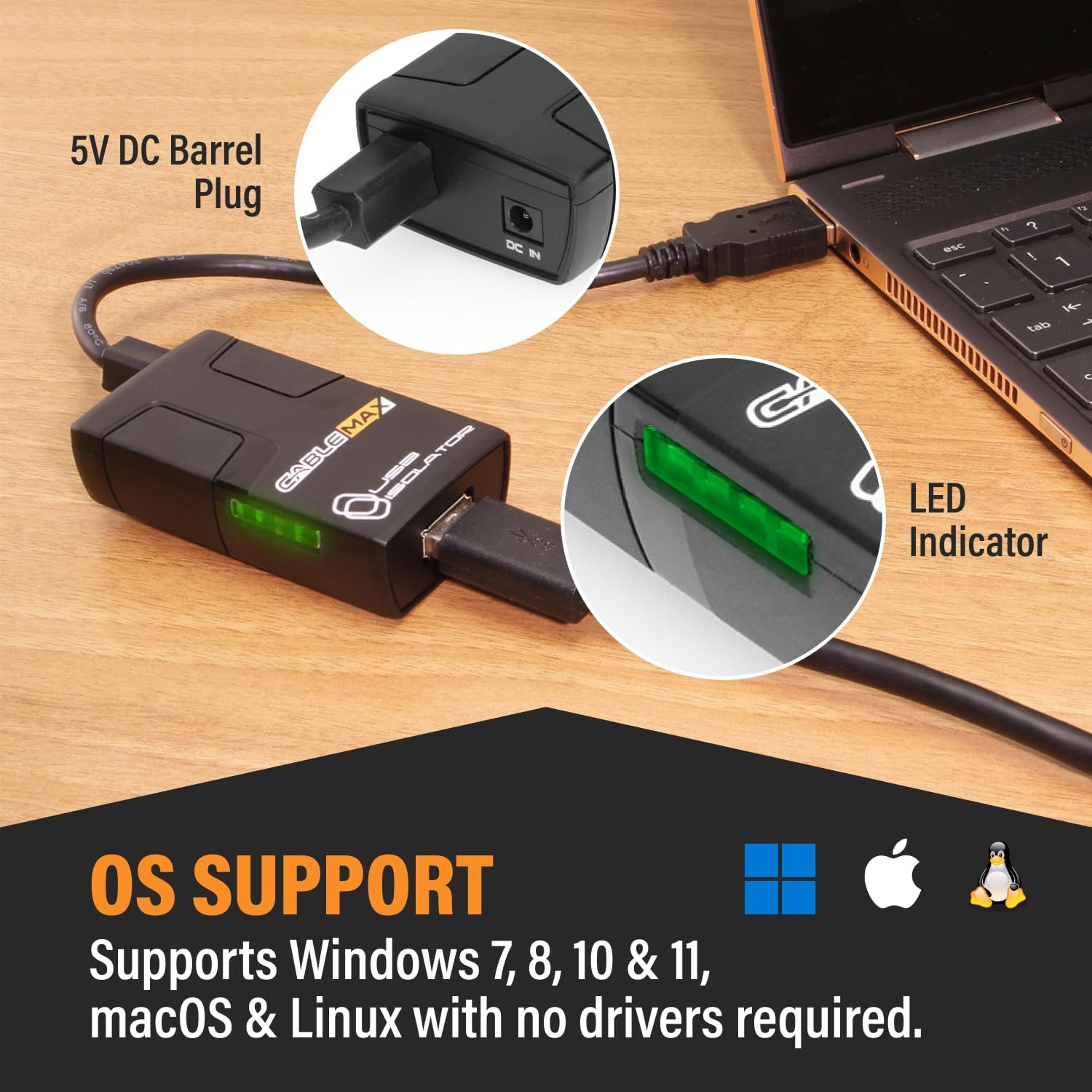Cablemax 2.0 USB Isolator - High-Speed 480Mbps Data Transfer, 5000V Galvanic Isolation, Ground Loop Eliminator, Surge Protector for Audio Interfaces, Medical, and Industrial Applications