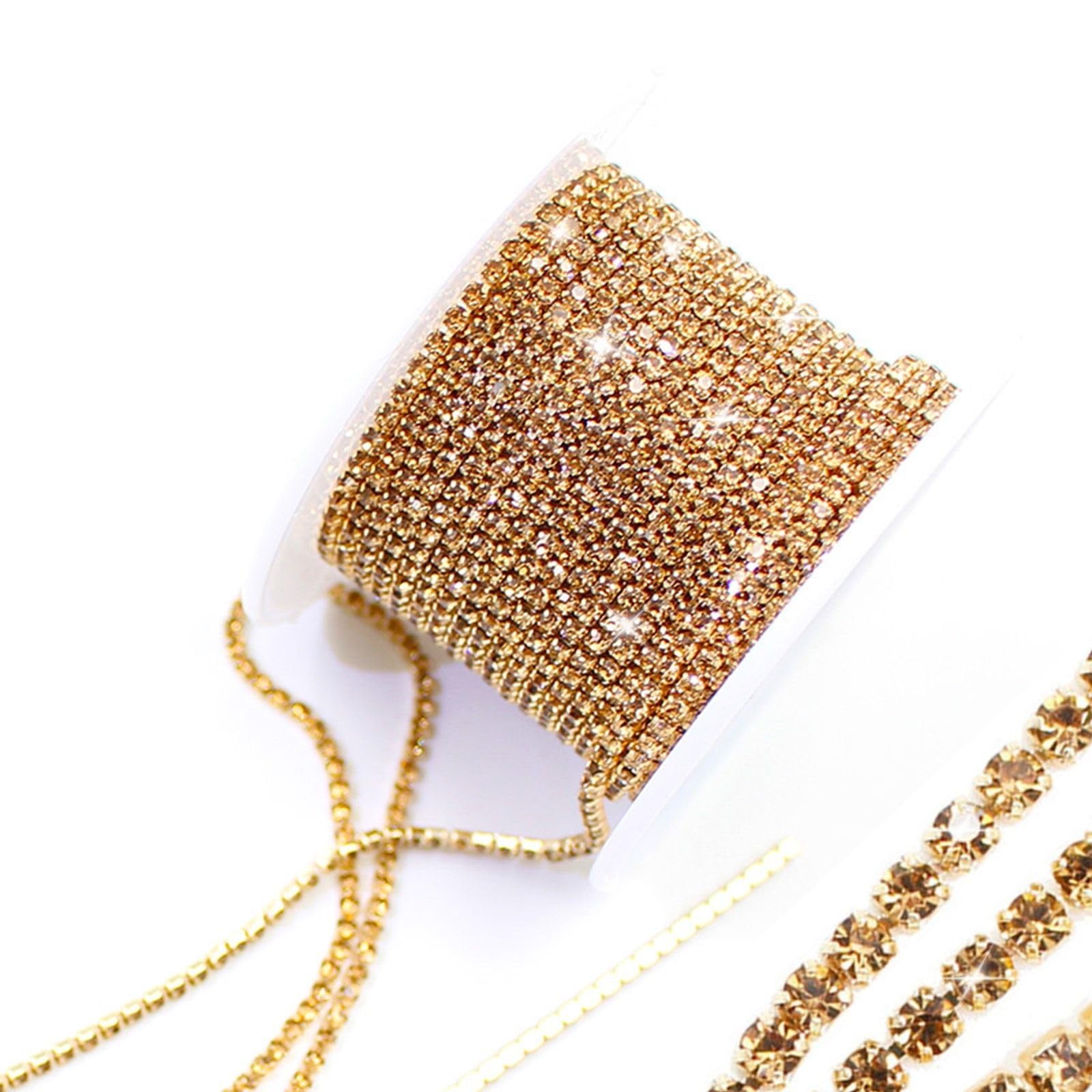 10 Yard Rhinestone Trim Chain, Gold SS6 Crystal Beads String Diamante Ribbon Bling Strips Sewing Fringe Tassel Sewing for DIY Party Wedding Bouquet Dress Decoration Bridal Costume Embellishment — image 1