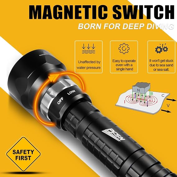 Dive Light Scuba Diving Flashlight - PFSN 6000 Lumens LED Dive Torch with Wrist Mount, Underwater Flashlight IPX68 Waterproof, Rechargeable Scuba Light for Diver Submersible Caving, Snorkeling