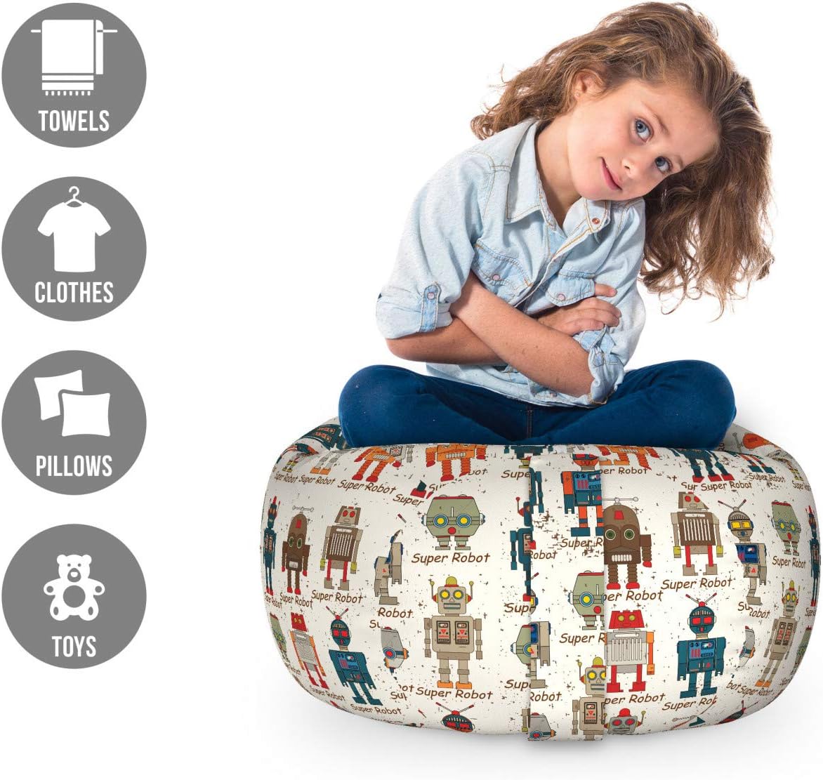 Ambesonne Robot Storage Toy Bag Chair, Various Different Super Robot Set in Cartoon Style Fantasy Futuristic Machine, Stuffed Animal Organizer Washable Bag, Small Size, Dim Cream