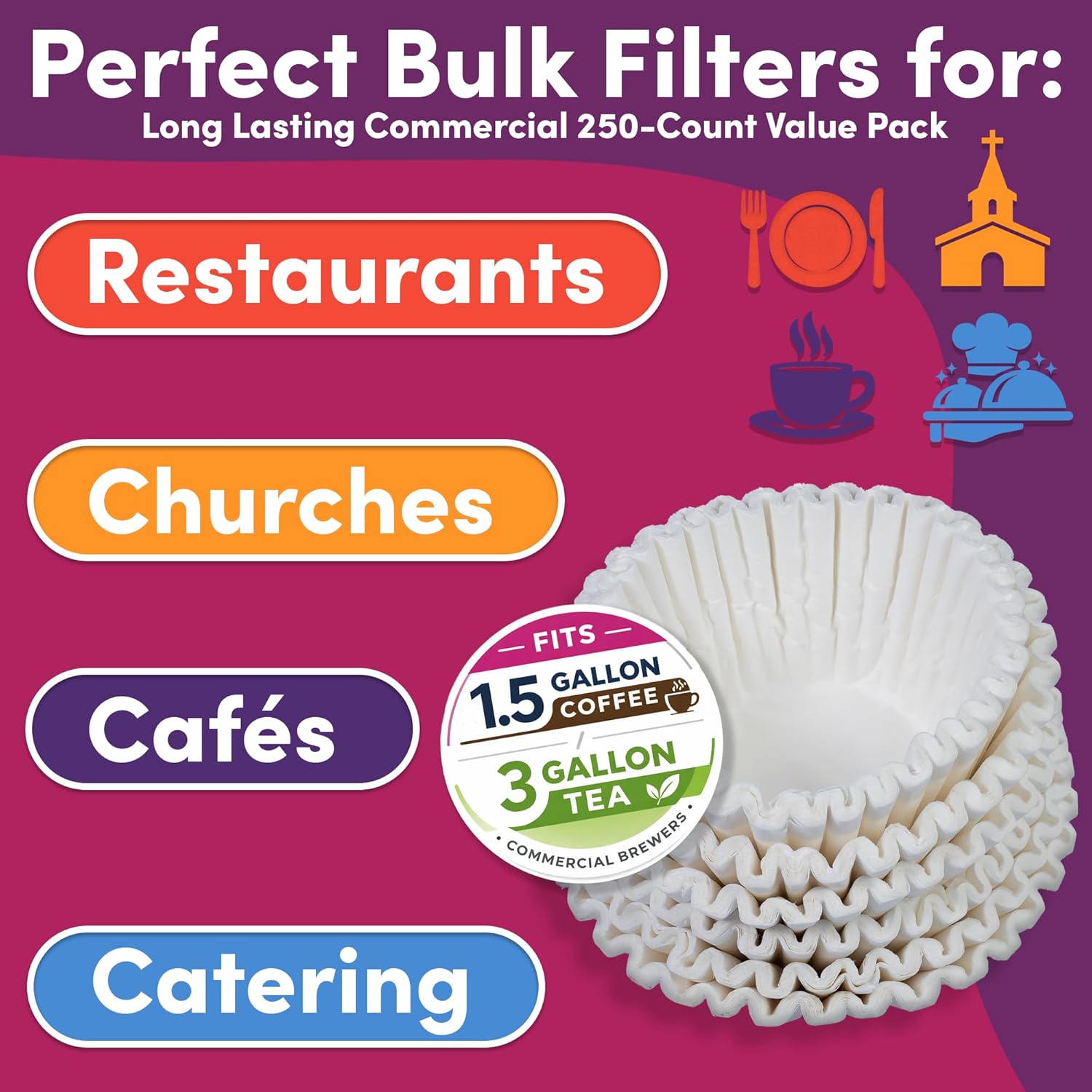 Extra Large Commercial Coffee Filters (12.5” x 4.5”) – Fits 13” x 5” Brew Baskets for BUNN, Fetco, Curtis Coffee & Tea Brewers 1.5–3 Gallon – Tall Wall, No Overflow – 250 Count