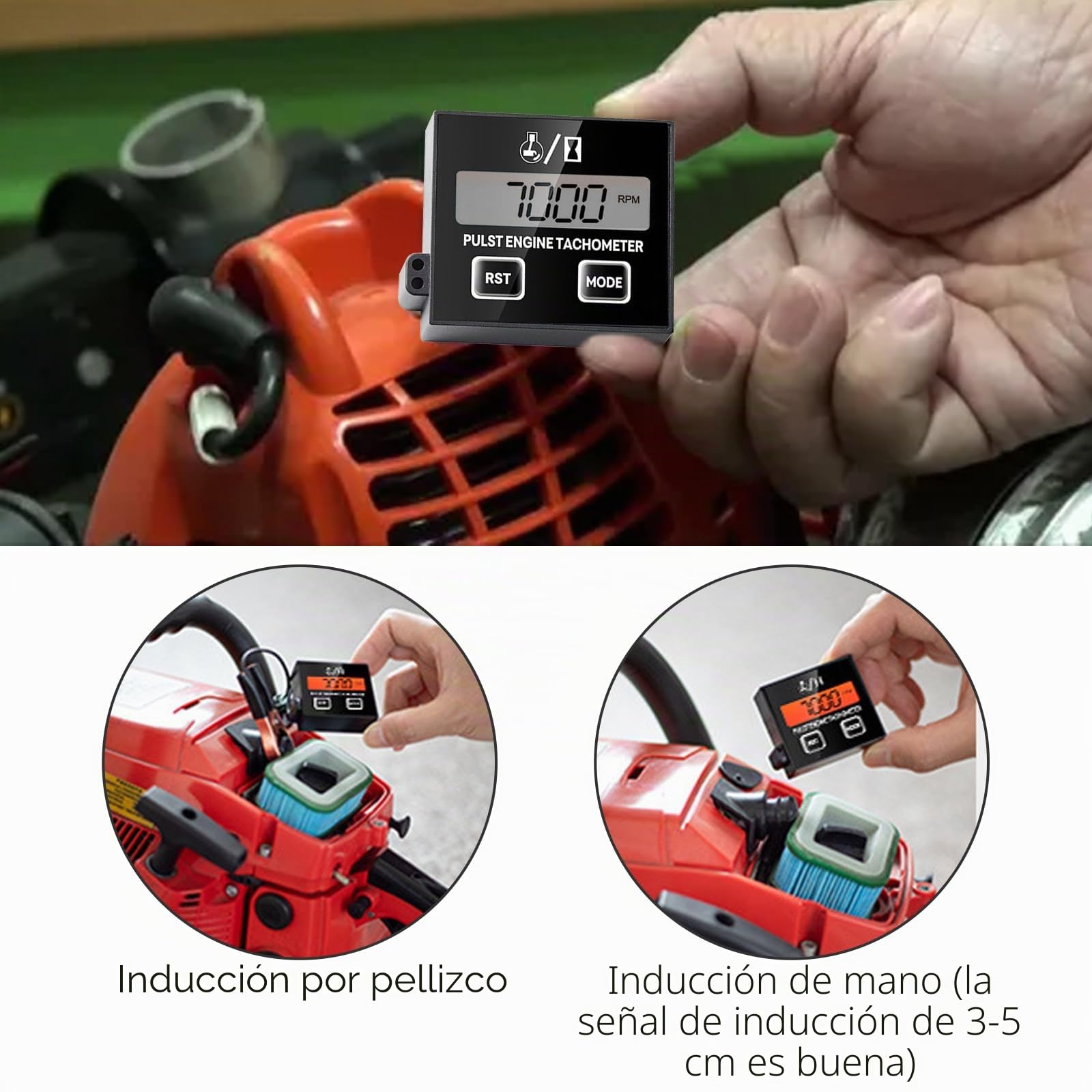 Tacómetro digital para motosierra y motosierra, tacómetro inductivo para motores pequeños, resistente al agua con contador de horas de funcionamiento