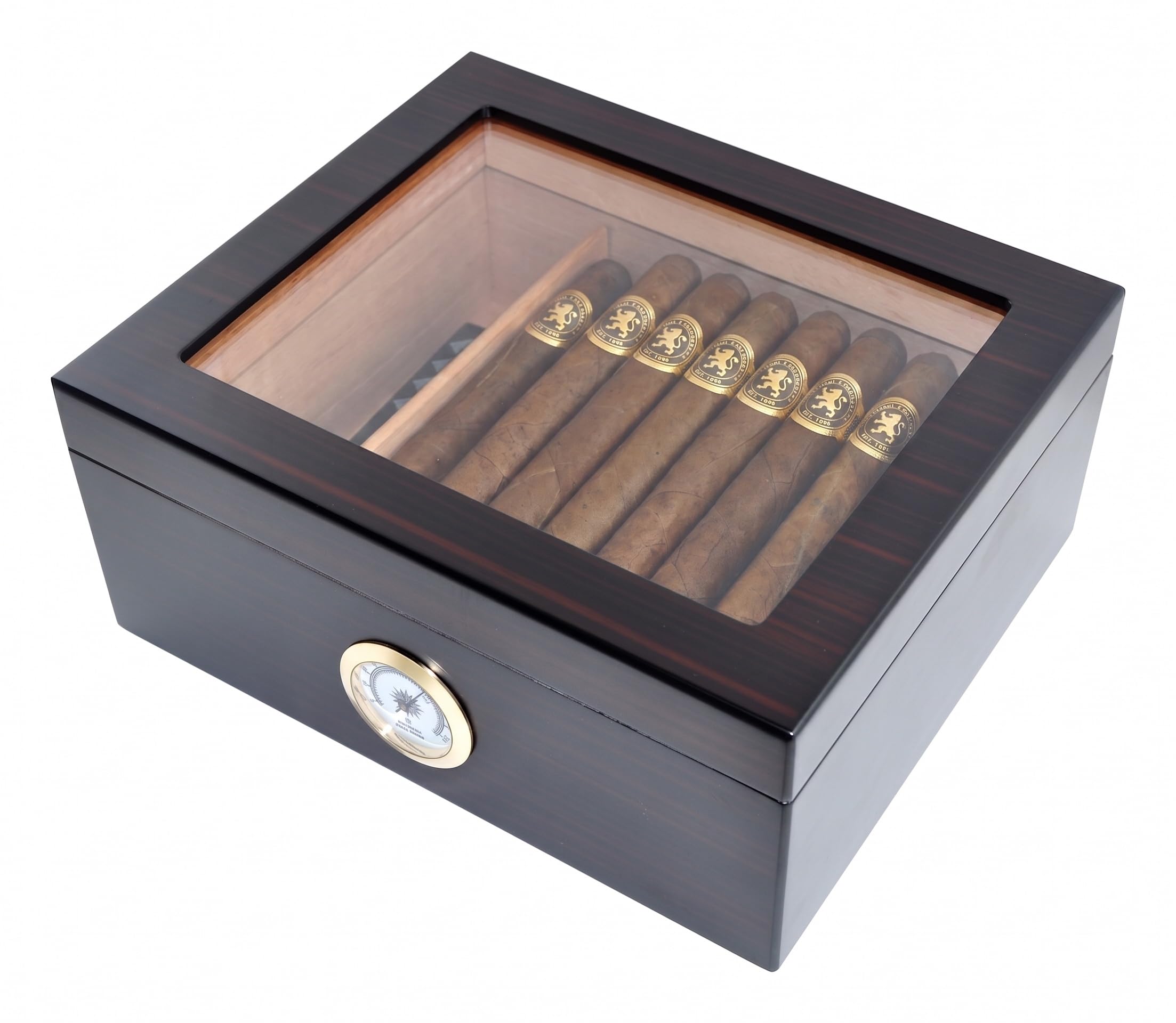 Humidor de Puros Classic Desk con Capacidad para 25-50 cigarros, Caja de Almacenamiento de Madera de Cedro Español Hecha a Mano con Separador, Humidificador e Higrómetro,Negro