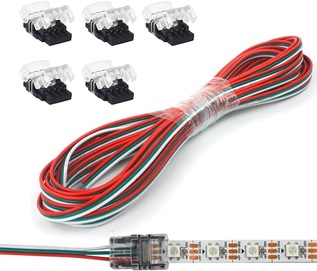 Aroidful 3Pin LED Strip Light Connectors, 5 Pack 3 Pin 10mm Solderless Connectors with 5M LED Strip Light Extension Cable for Non-Waterproof 10mm 5050 LED Strip Lights Strip to Wire Quick Connection