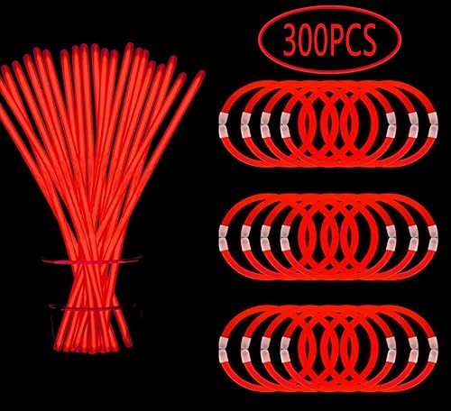 300 pulseras y collares rojos que brillan en la oscuridad a granel con conectores de 8 pulgadas de neón iluminados para fiestas de neón para el 4 de