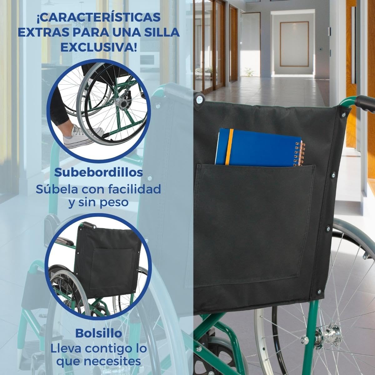 Mobiclinic®, Silla de ruedas, Autopropulsable, Plegable, Alcazaba, Asiento 46 cm, Sistema subebordillos, Reposabrazos acolchados, Reposapiés abatibles, Antipinchazos, Freno en las