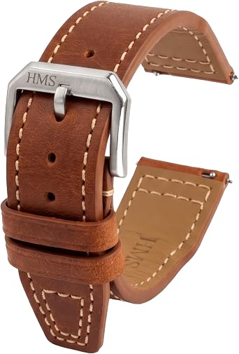 HMS, Classic Pilot Leather Watch Strap, 20mm/21mm/22mm, Black/Brown/Blue/Gold Brown, Italian & French Full Gran Top Grain Leather, Quick Release Replacement Band