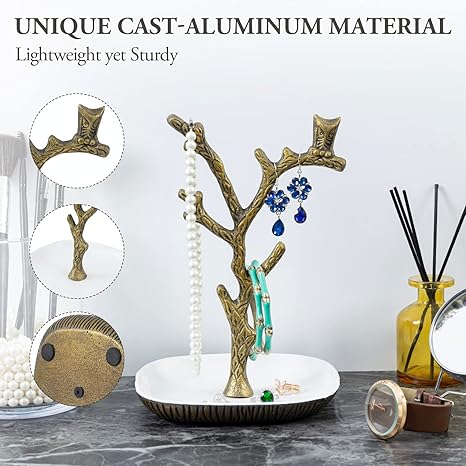 Brass Tone Metal Jewelry Tower, Necklace Bracelet Earring Rack with Ring Dish
