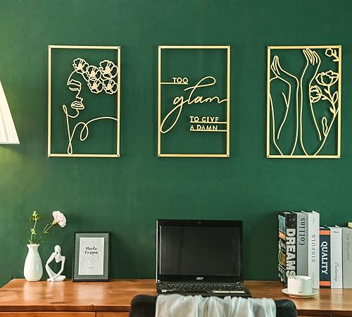 Firsttry Juego de 3 piezas de decoración de pared dorada, moderna, minimalista, ecléctica, femenina, de una sola línea, de metal abstracto, para