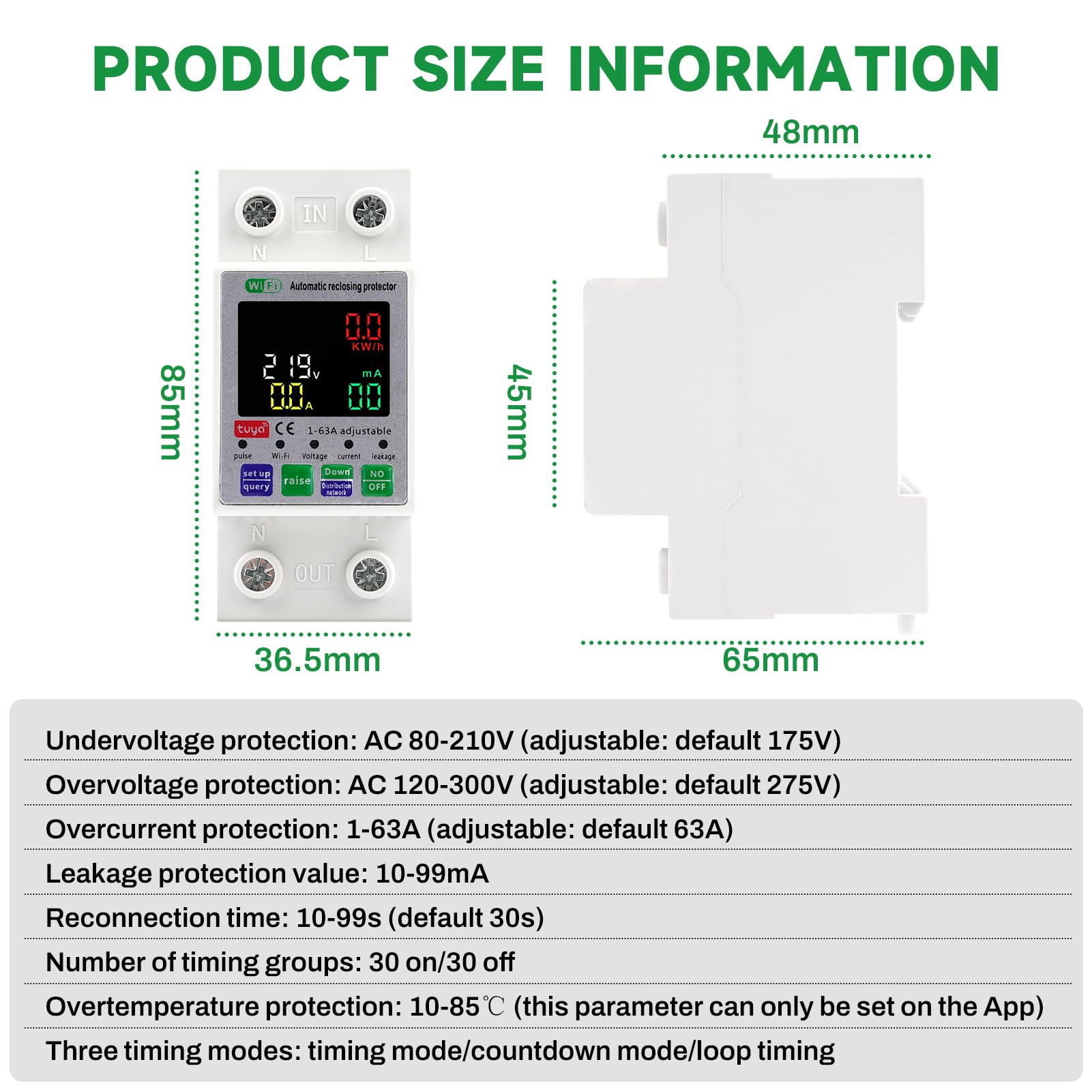 63A Disjoncteur différentiel Wifi Interrupteur protecteur de surtension compteur electrique 2P 220V AC Auto réinitialisation La surtension/sous-tension et la surintensité peuvent être réglées.