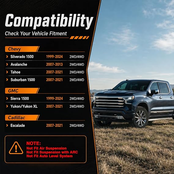 Upgrade Stainless Steel 2-4 Rear Shock Extensions Compatible with Chevy Silverado 1500 2WD/4WD 1999-2024, GMC Sierra 1500 2WD/4WD 1999-2024, Tahoe Suburban Yukon Escalade, Rear Lift Leveling Kits