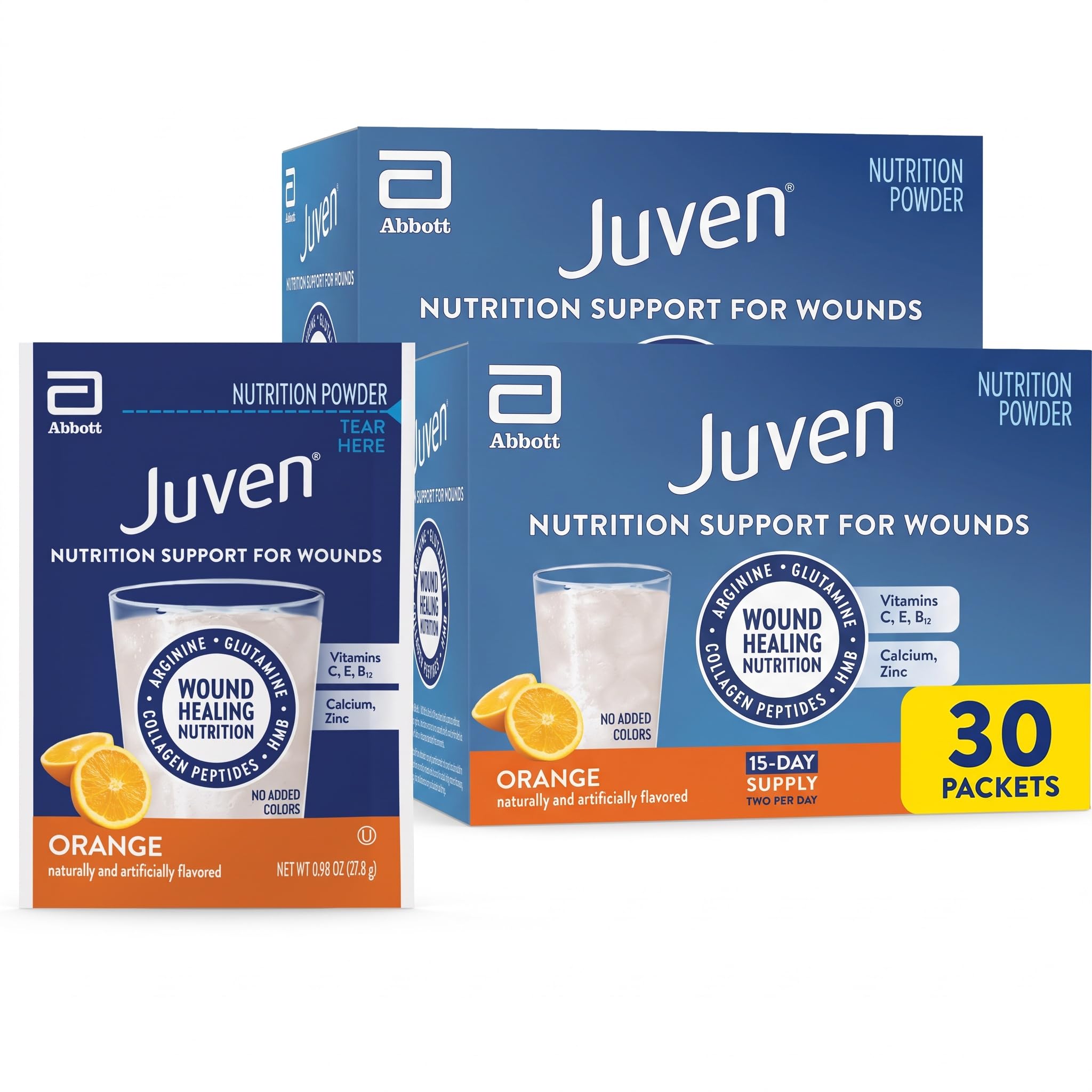 Juven Therapeutic Nutrition Drink Powder Including Collagen Peptides, Amino Acids, and HMB for Wound Healing Support, Orange, 30 Packets,(Pack of 2) Orange 30 C