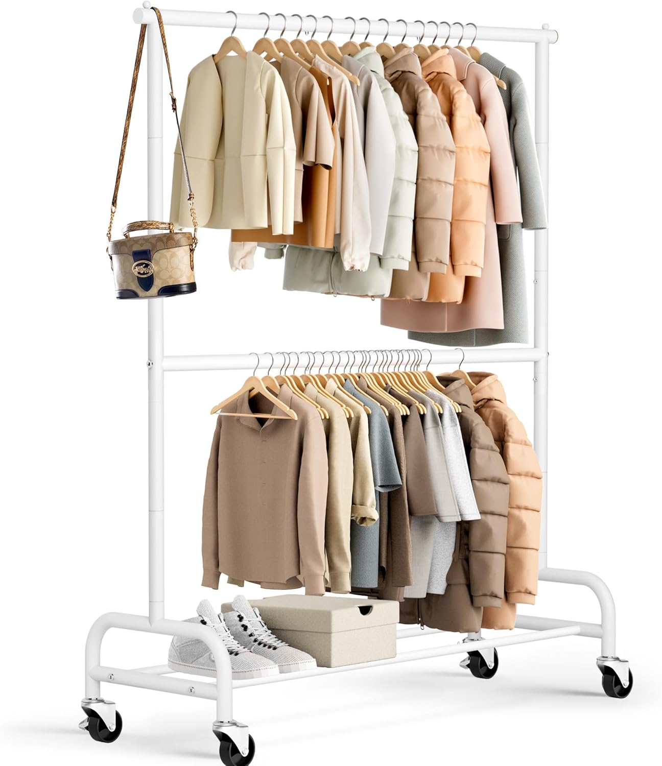 MISSLO Heavy Duty Clothing Racks for Hanging Clothes Rack Double Rod Garment Rack Rolling Closet Wardrobe on Wheels, Metal, Adjustable (White)