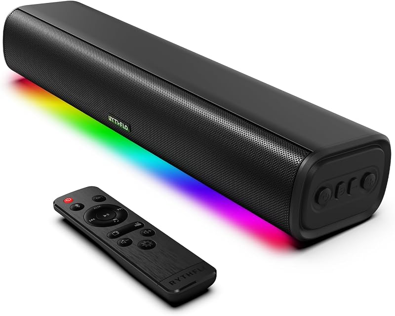 Rythflo Barra de sonido para Smart TV, barra de sonido de 16'/60 W con graves impactantes, luz dinámica y control remoto, parlantes de TV montables en pared con Bluetooth/óptico/AUX de 3,5 mm para juegos/PC/proyector