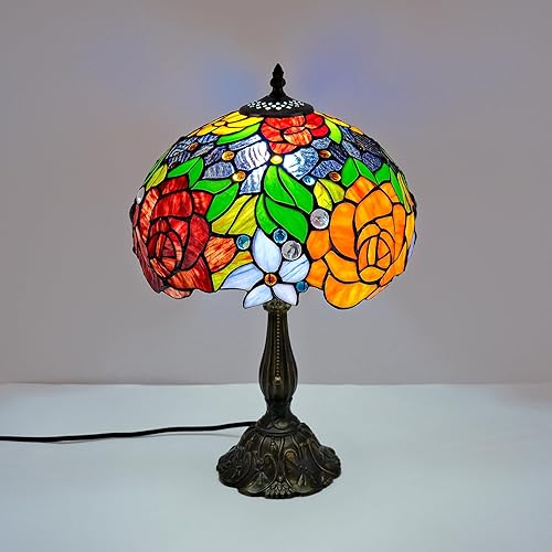 Miniatura 6 de Tiffany Style Stained Glass Table Lamp, Floral Pattern Desk Light with Antique Bronze Resin Base, Red Roses Decorative Lighting for Bedroom, Living