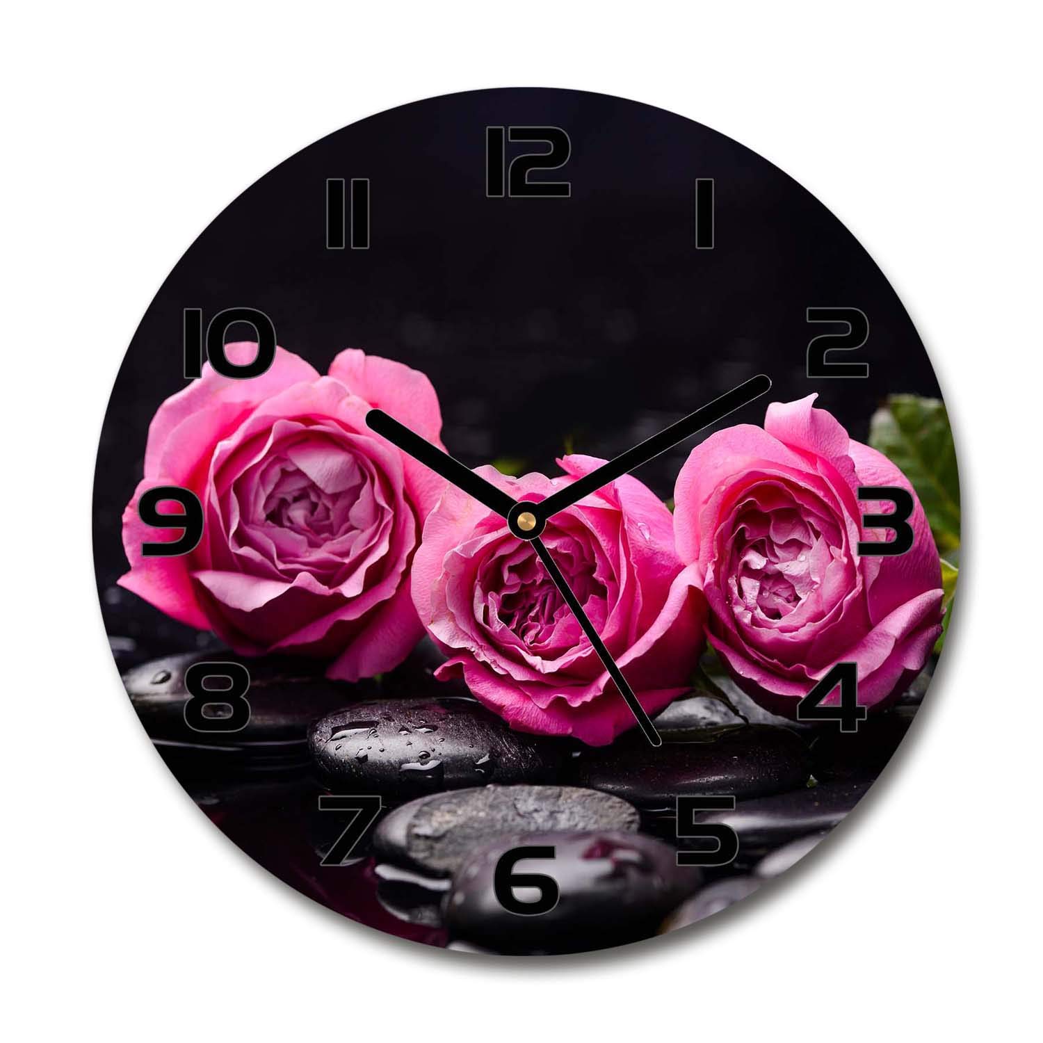 Horloge en verre 60x60cm silencieuse sur pied Tulup fleurs roses roses