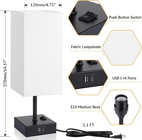 Miniatura 7 de GGOYING Juego de 2 lámparas de mesa, lámpara de noche pequeña con 2 puertos de carga USB C+A, interruptor basculante, lámpara cuadrada de tela