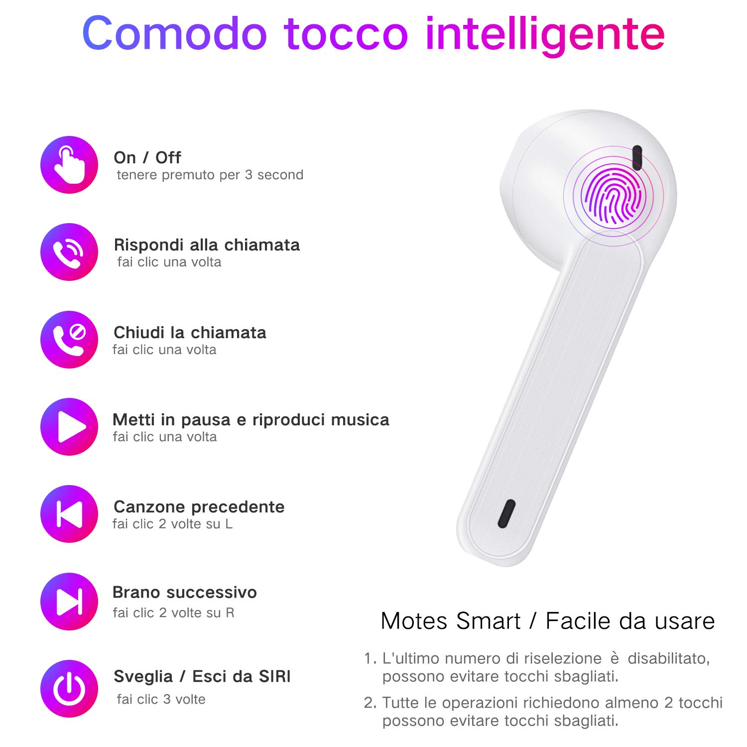 Cuffie Bluetooth Auricolari Bluetooth 5.0 Wireless Cuffie senza fili Sportivi Con Stereo Impermeabile IPX6 Accoppiamento Automatico Tocco Intelligente per Huawei Xiaomi Samsung iPhone bianco