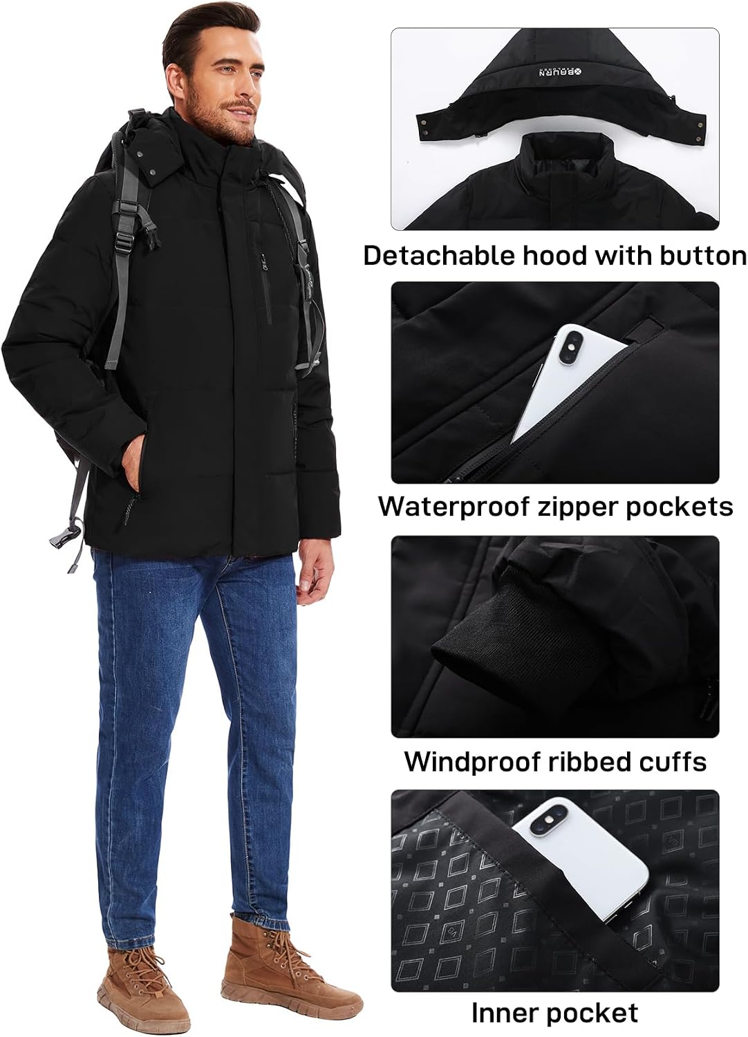 Flygo Puffer Jacket Men Down Jackets Winter Coats Waterproof Thicken Insulated Hooded Quilted Parka Snow Jacket
