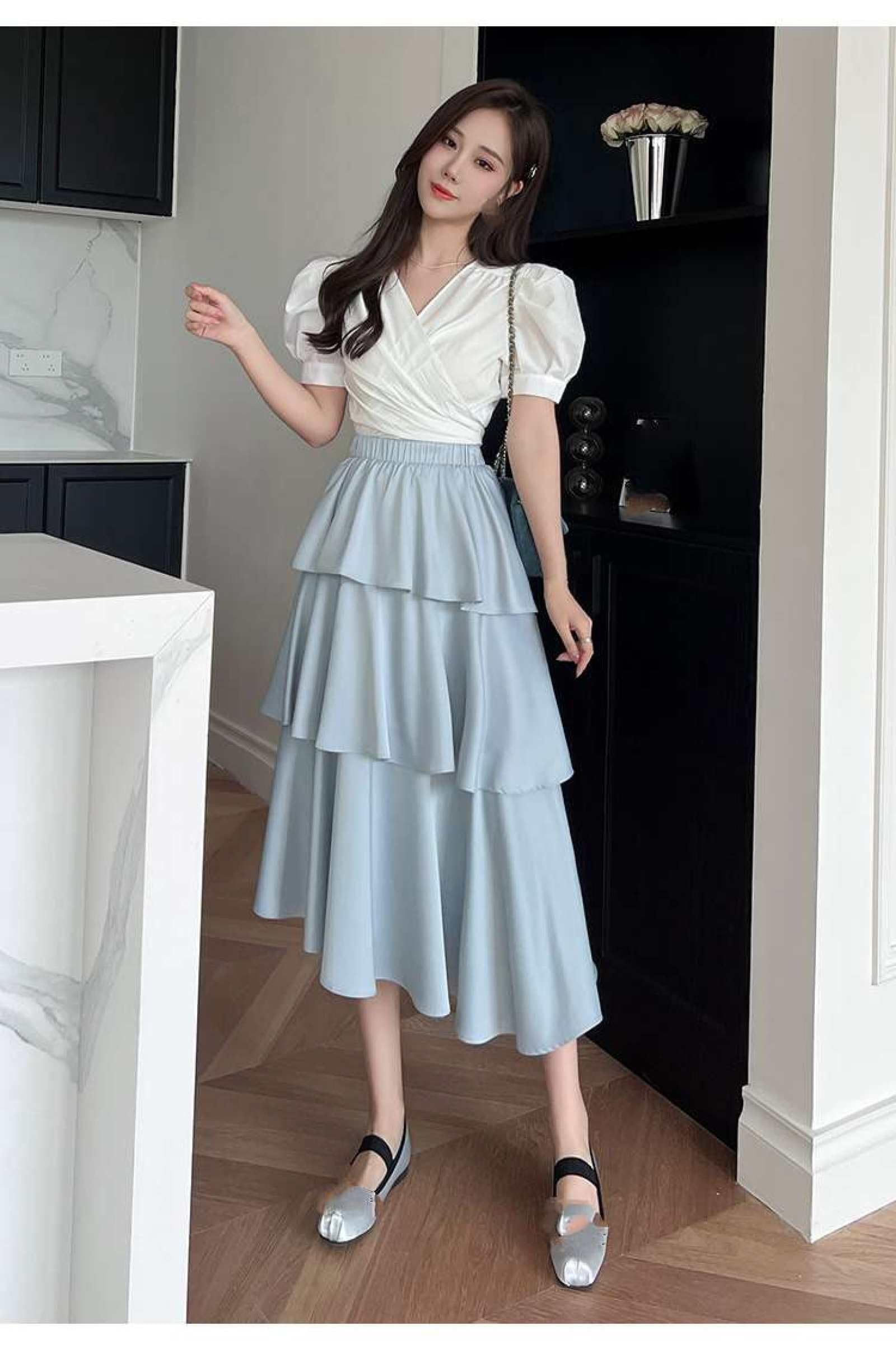 Jupe De Gâteau en Satin De Fibre De Vinaigre Taille Haute pour Femme - Jupe Mi-Longue Taille Élastique De Couleur Unie Polyvalente D'Été Petite Jupe À Volants Irréguliers Jupe Longue Lig