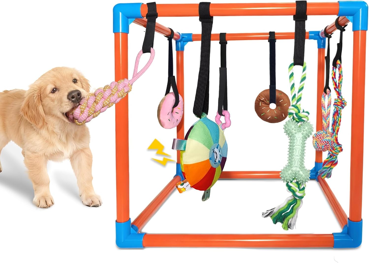 Puppy Play Gym with 8 Hanging Toys – Removable Dog Enrichment Playground, Indoor Jungle Gym & Activity Center for Small Dogs, Adjustable PVC Frame with Bungee Straps and Squeaky Toys