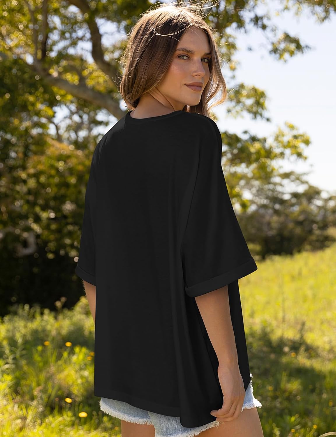 UEU Women Oversized T-Shirt Summer Casual Loose Fit Short Sleeve Basic Tops Workout Gym Tee Shirt - Image 5