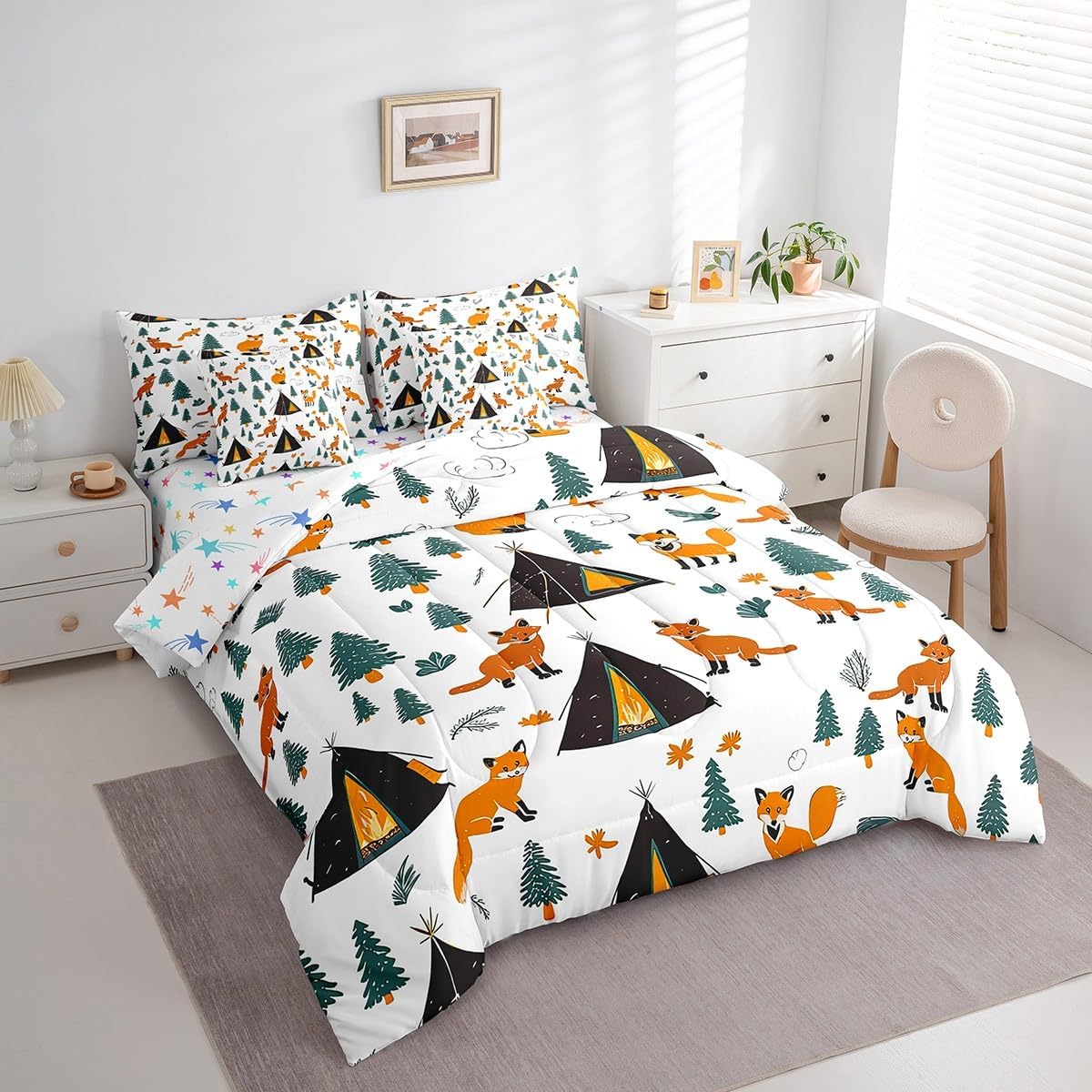 Feelyou Camping Comforter Set with Sheets Twin Size Fox Bed in a Bag Camper Accessories for Travel Trailers 7 Pieces Bedding Set Cute Bed Set Room Decor Wool White