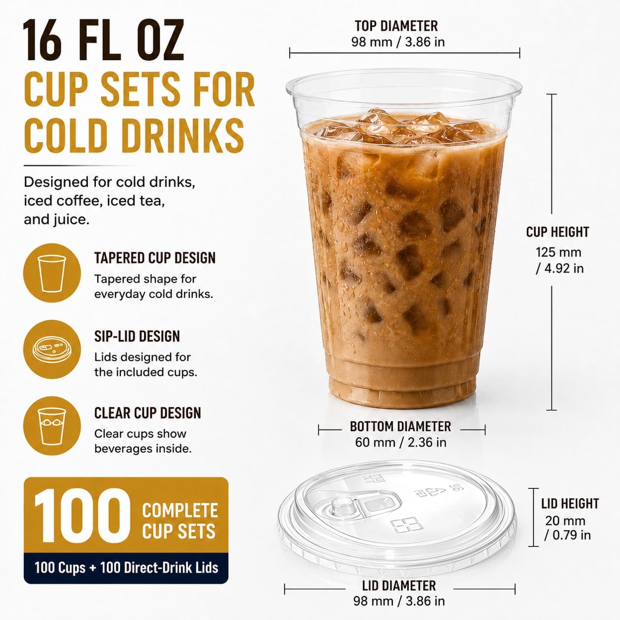 100 Pack 16 oz Plastic Cups with Lids, Iced Coffee Cups, Strawless Sip Lids | Lids for Cold Drinks, Smoothies, Juice and Parties thumbnail