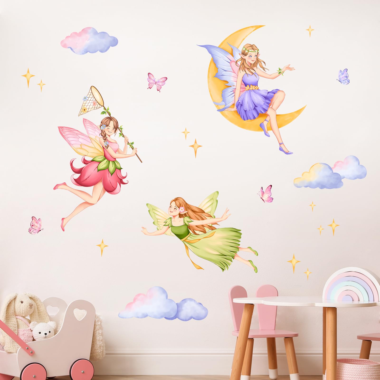 Tanlaby Feen Elfen Wandaufkleber Schmetterling Mädchen Wandsticker Wolken Mond Fee Wanddeko Abnehmbar Wandkunst Aufkleber für Babyzimmer Kinderzimmer Schlafzimmer Wohnzimmer