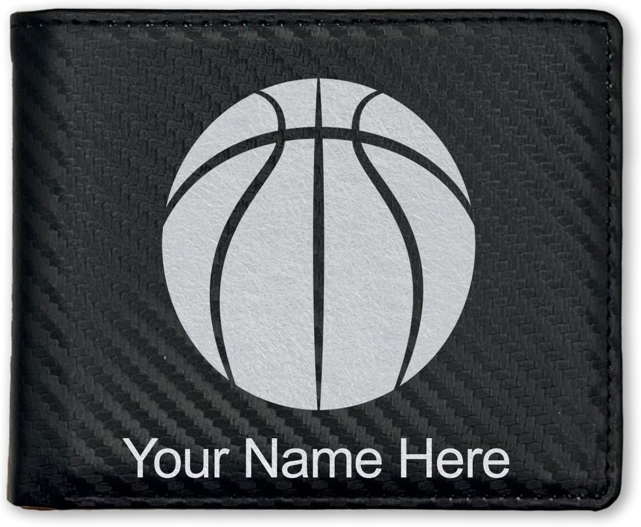 LaserGram Faux Leather Bi-Fold Wallet, Basketball Ball, Personalized Engraving Included (Carbon Fiber Black with Silver)