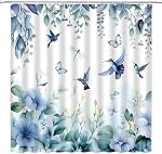 Hummingbird Fleur Feuille Douche Rideau Bleu Aquarelle Eucalyptus Feuilles Florale Papillon Nature Tissu de la plante Salle de bains Décor Rideau Sets avec crochets,70" Wx70 H