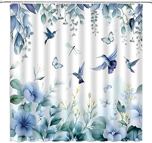Hummingbird Flower Leaf Shower Curtain Blue Watercolor Eucalyptus Leaves Floral Butterfly Nature Plant Fabric Bathroom Decor Curtain Sets with Hooks,70" Wx70 H
