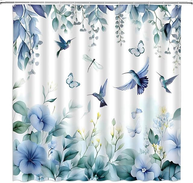 Hummingbird Fleur Feuille Douche Rideau Bleu Aquarelle Eucalyptus Feuilles Florale Papillon Nature Tissu de la plante Salle de bains Décor Rideau Sets avec crochets,70" Wx70 H